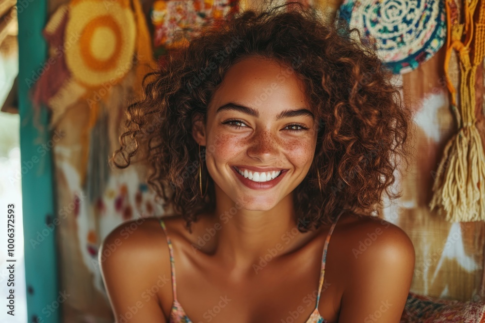 A woman with curly hair smiles warmly, framed by vibrant textiles in a colorful room, epitomizing warmth, comfort, and a fashion-forward attitude. A woman with curly hair smiles warmly, framed by vibrant textiles in a colorful room, epitomizing warmth, comfort, and a fashion-forward attitude.