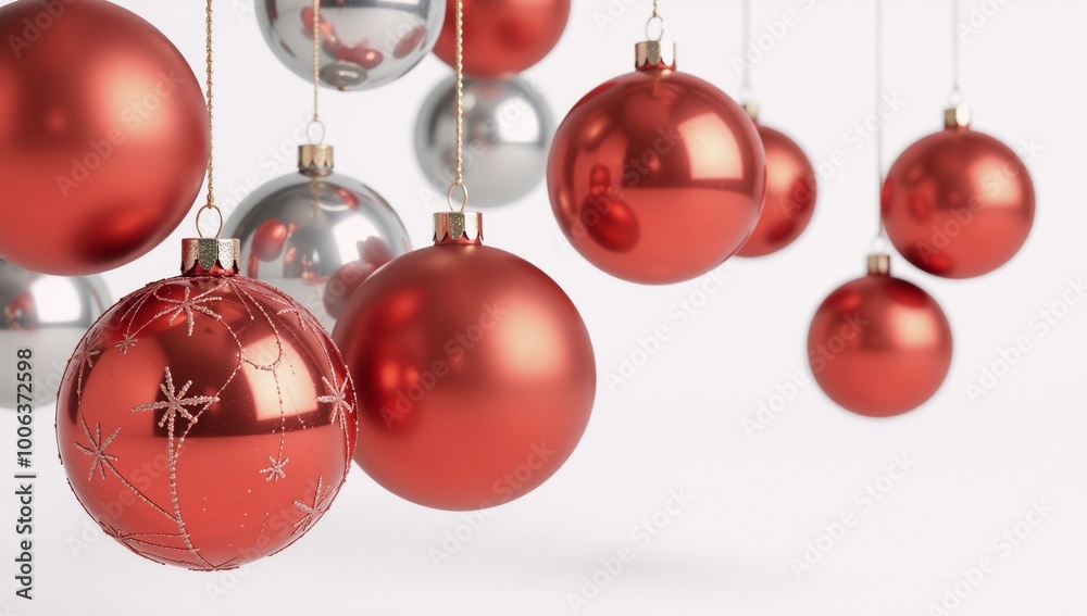 Isolated 3D rendering showcases red and silver Christmas ornaments Isolated 3D rendering showcases red and silver Christmas ornaments