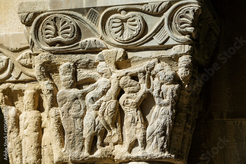 descent from the cross, Romanesque capital in the cloister, San Pedro el Viejo Monastery, Huesca, Aragon community, Spain photo