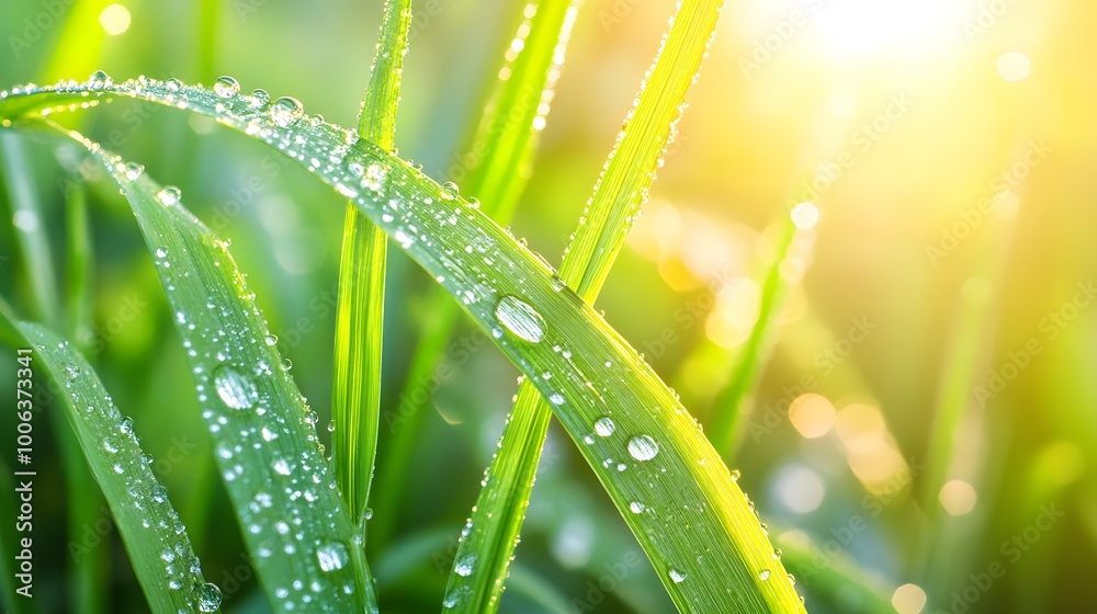 Naklejka premium Beautiful dew drops on the grass leaf, close-up, macro photography, green background
