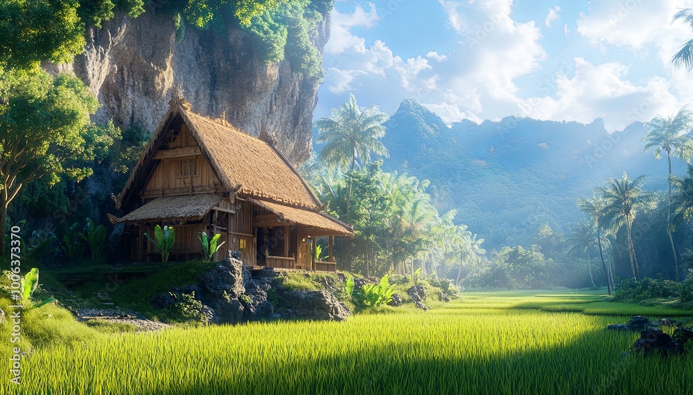Obraz premium A traditional wooden hut with a thatched roof sits on a grassy hillside overlooking a valley of lush green rice paddies in a tropical jungle.
