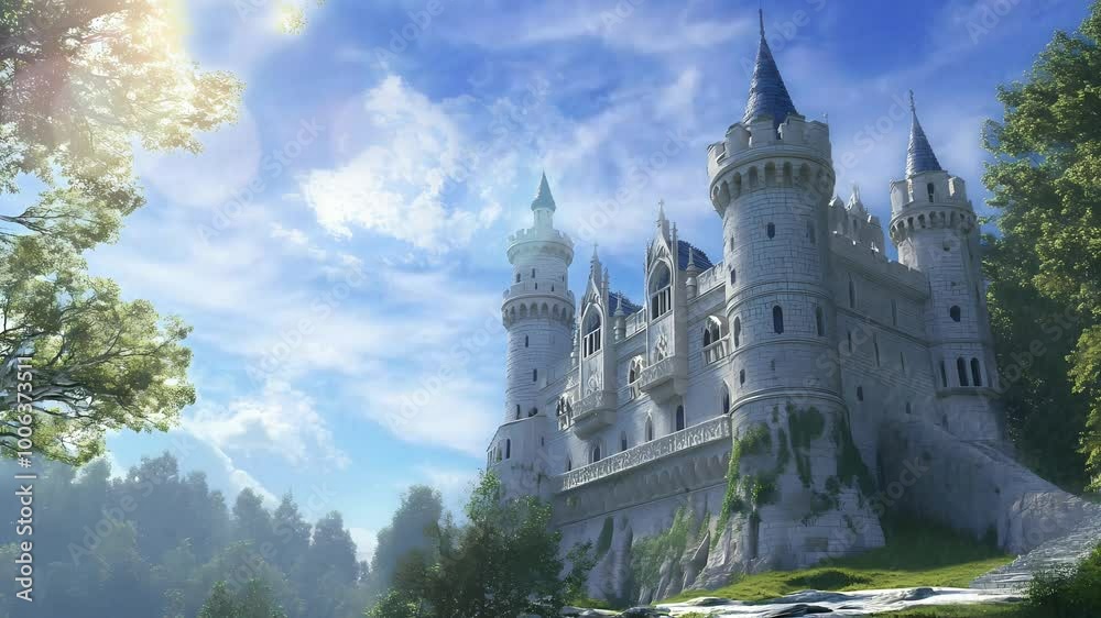 A tall fantasy castle with blue sky A tall fantasy castle with blue sky