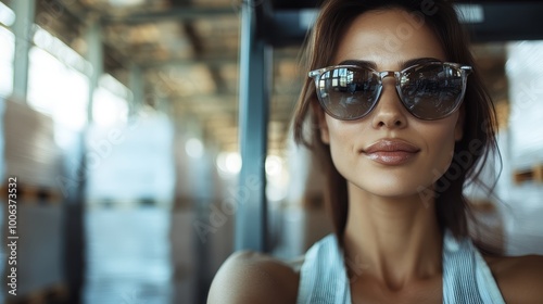 A young woman with sunglasses is seen operating a forklift confidently within a spacious warehouse, surrounded by towering piles of boxes in an organized manner. photo