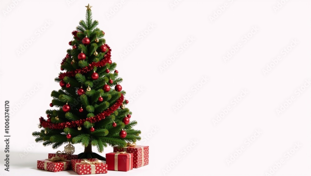 Christmas tree adorned with red decorations and gifts against a white holiday background