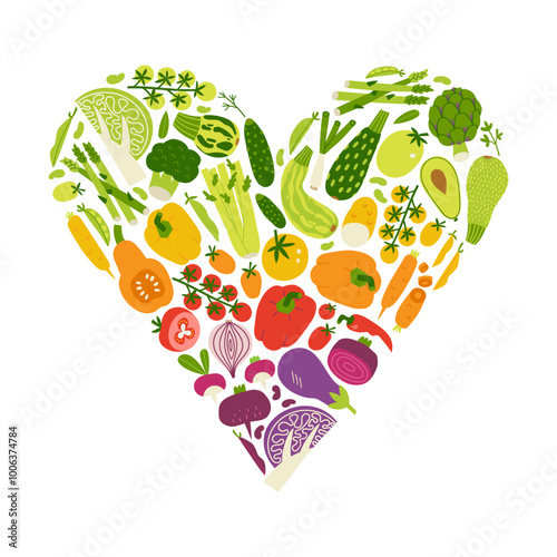 Vegetables rainbow heart concept. Healthy diet hand drawn flat poster. Colorful simple print with vegetables for promo of healthy veggie nutrition promo.