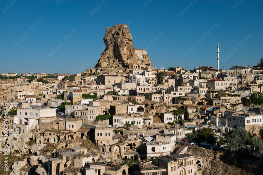 Panoramic view of the Ortahisar Castle and the historic old town of Cappadocia, in Turkey Panoramic view of the Ortahisar Castle and the historic old town of Cappadocia, in Turkey