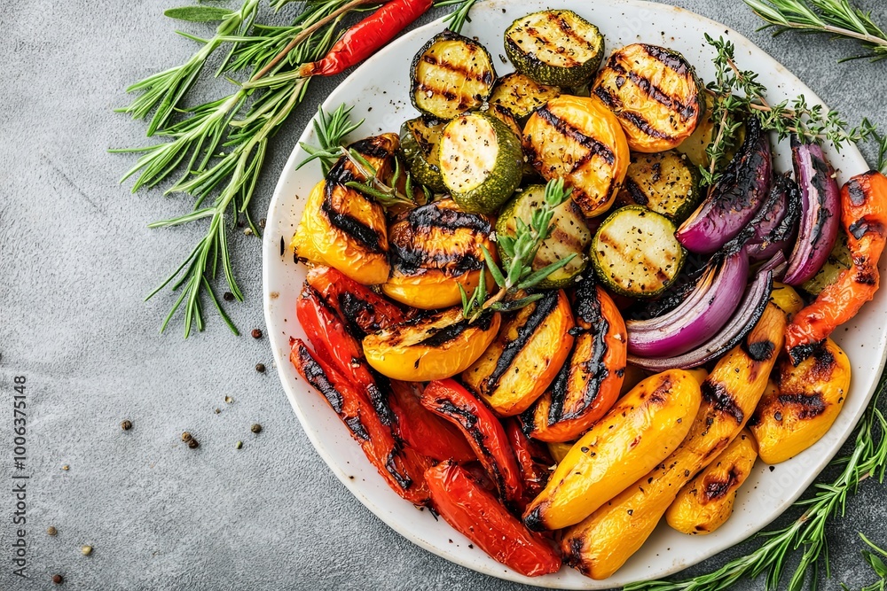 A white plate of grilled vegetables, including red and yellow peppers, zucchini, and red onions. A white plate of grilled vegetables, including red and yellow peppers, zucchini, and red onions.