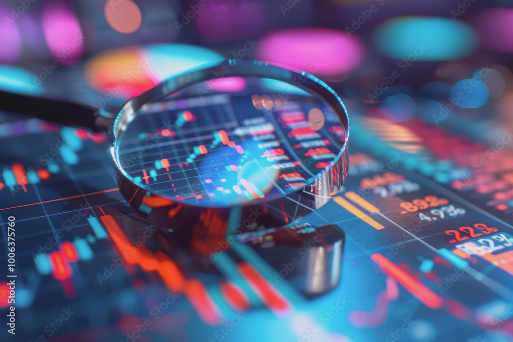 Fototapeta premium Stock market compliance audit close-up focus on bright tones thorough inspection.