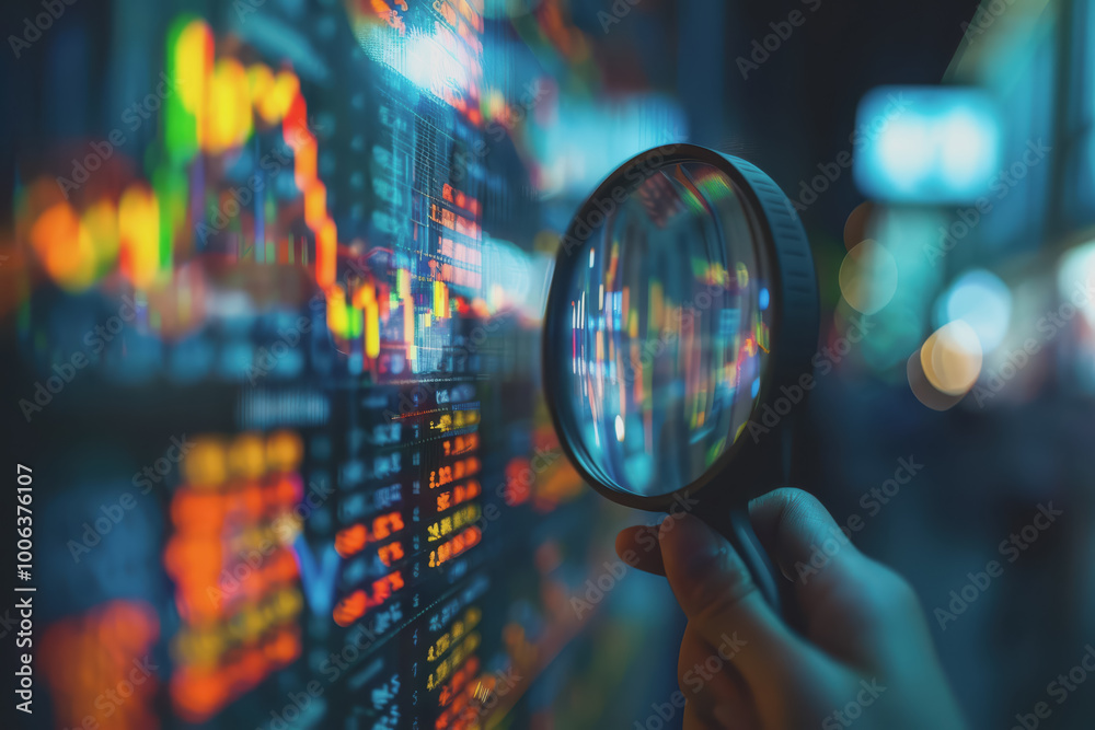 Fototapeta premium Stock market compliance audit close-up focus on bright tones thorough inspection.