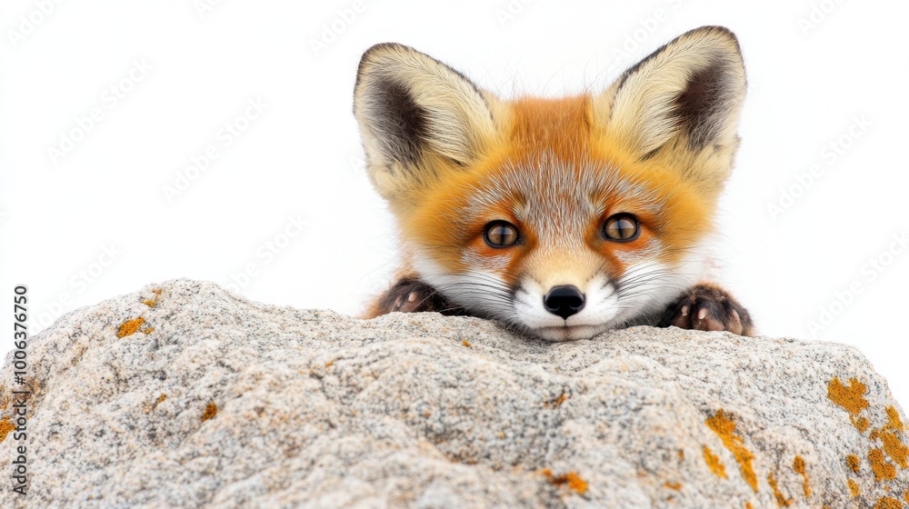 Fototapeta premium Curious Baby Fox Peeking Behind Rock Isolate - Pastel Painting on White Background