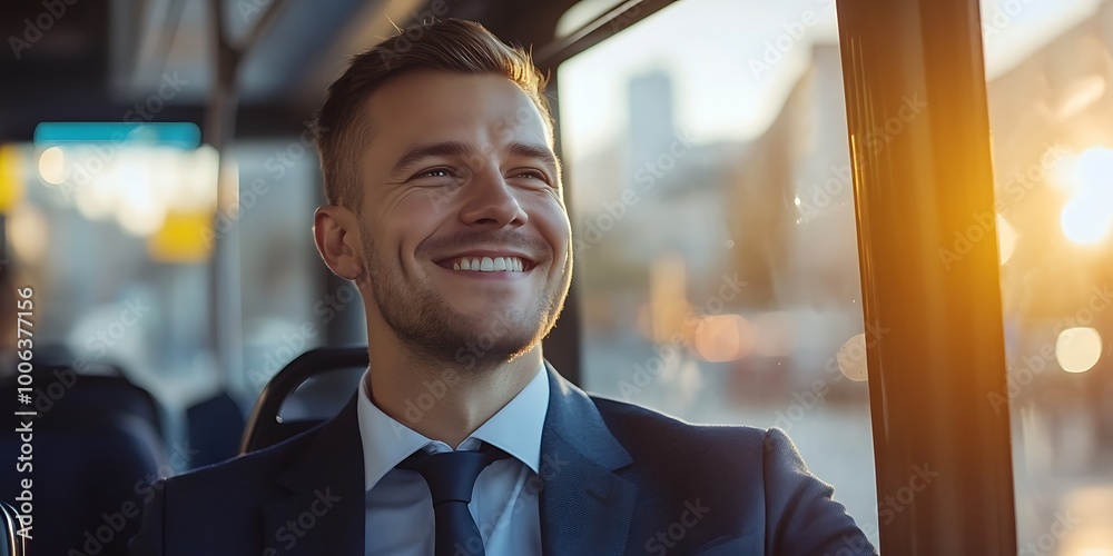Naklejka premium Happy young businessman smiling while traveling by bus