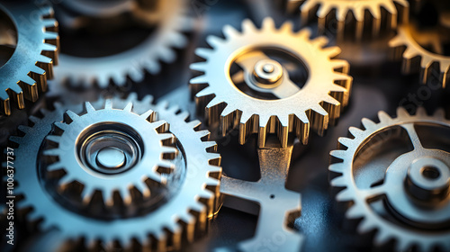 Close-up of interconnected metallic gears symbolizing teamwork, strategy planning, and business process optimization, perfect for illustrating engineering, mechanics, and technology concepts