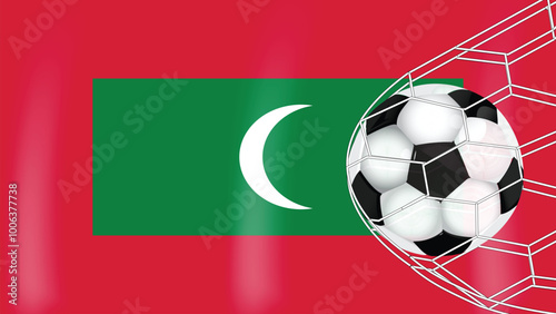 Soccer football ball in goal net isolated on Maldives flag, sports accessory equipment