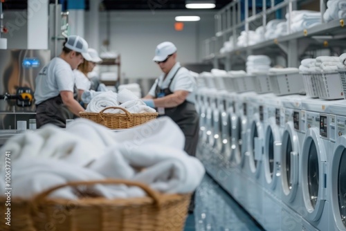 Cleaners work inside a commercial laundry. Industrial washing machines