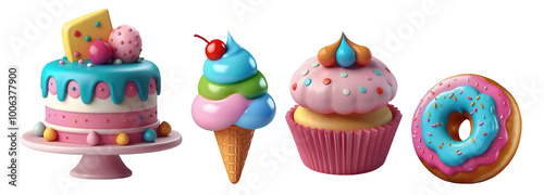 Set of various delicious colourful desserts items cake, ice cream, cupcake, donut isolated on transparent background, 3d illustration. Generative AI