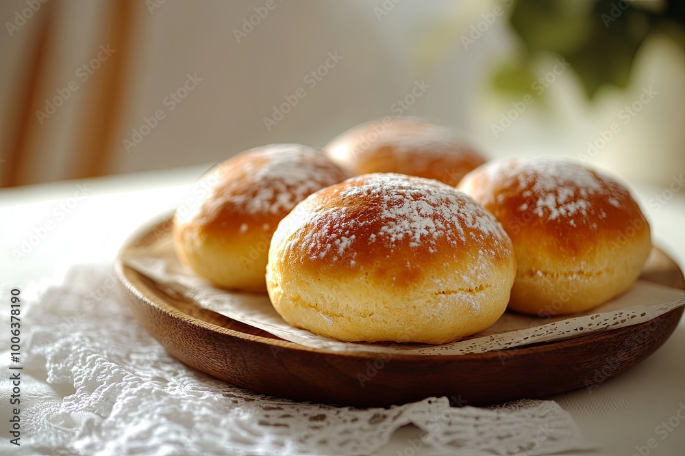 Four freshly baked, golden brown buns dusted with powdered sugar on a wooden plate. Four freshly baked, golden brown buns dusted with powdered sugar on a wooden plate.