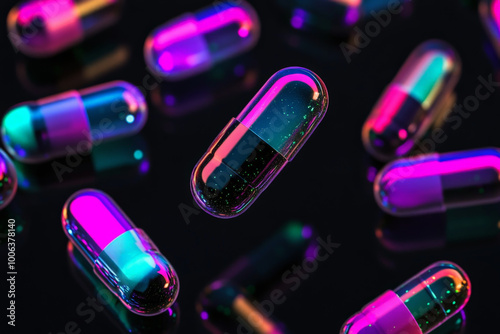 Iridescent black pill capsules, suspended in mid-air, glowing faintly with hues of purple, blue, and green, contrasting sharply against the pitch-black backdrop.