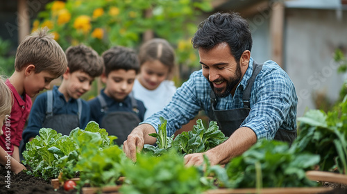 Wallpaper Mural Teacher guiding kids in vegetable gardening, educational school activity Torontodigital.ca