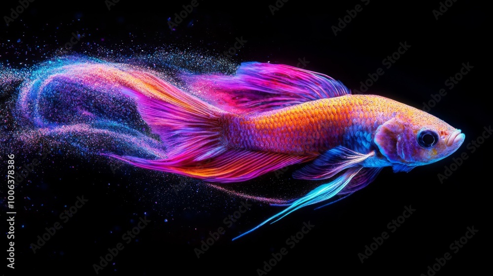 Fototapeta premium A vibrant, multicolored fish gliding through water, showcasing flowing fins and sparkling details against a dark background.