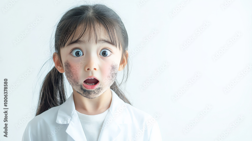 Little Japanese girl scientist with soot on her face, wide-eyed in shock, standing against a bright white background. Little Japanese girl scientist with soot on her face, wide-eyed in shock, standing against a bright white background.