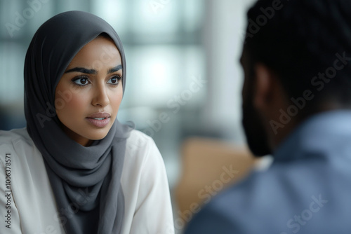 A close up view of an Arabian woman and a Black man in an interview setting, their expressions revealing engagement and curiosity. The blurred background highlights the importance of their discussion