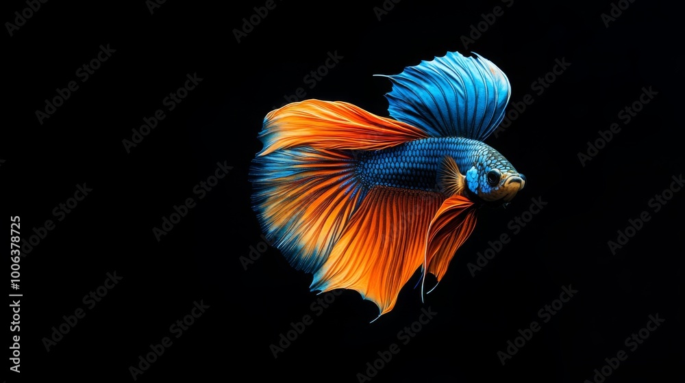 A vibrant betta fish with striking blue and orange fins gracefully swims against a black background. A vibrant betta fish with striking blue and orange fins gracefully swims against a black background.