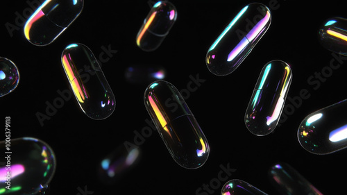 A formation of iridescent black capsules levitating against a jet black background, glowing subtly with hints of shimmering rainbow colors.