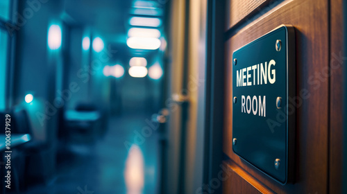 Sign on the door of a meeting room in a contemporary corporate business office