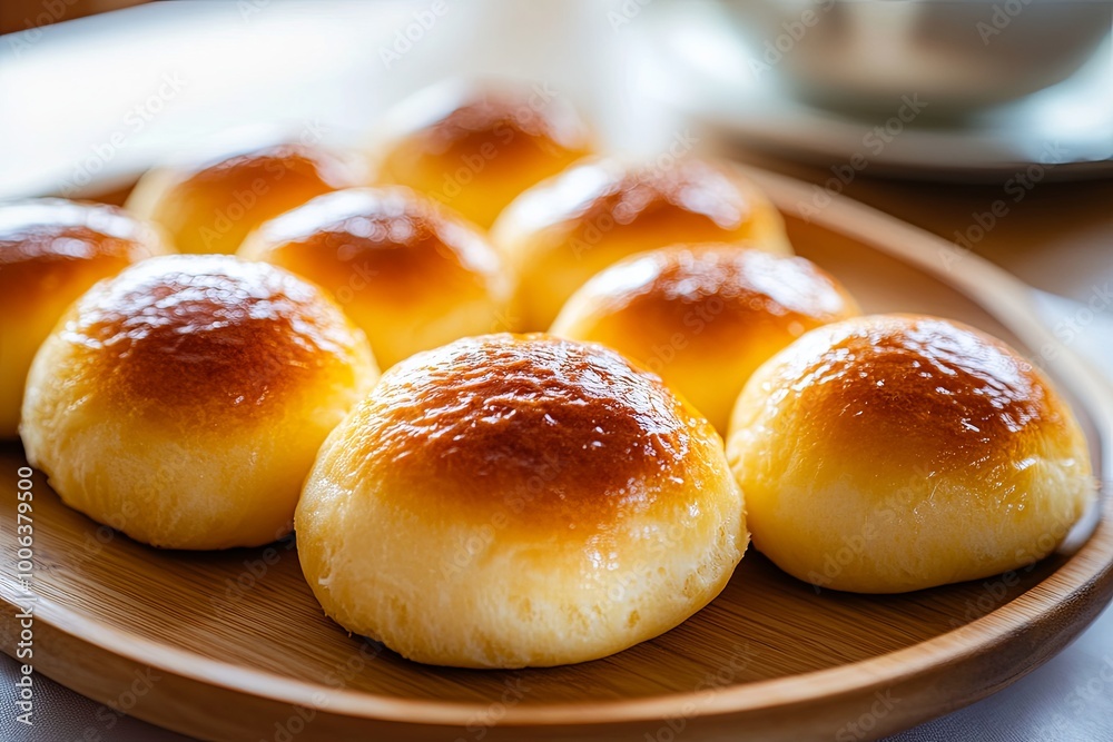 Freshly baked, golden brown bread rolls arranged on a wooden platter. Freshly baked, golden brown bread rolls arranged on a wooden platter.
