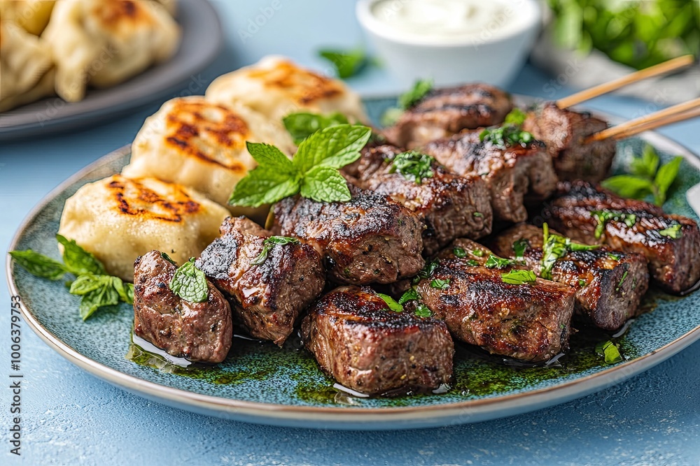 Grilled beef skewers with dumplings and yogurt dip on a blue plate. Grilled beef skewers with dumplings and yogurt dip on a blue plate.