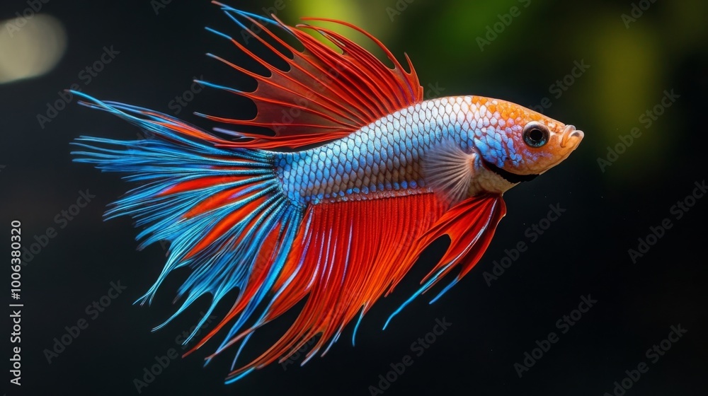 A vibrant betta fish with striking blue and red fins swims gracefully in an aquarium, showcasing its colorful beauty and delicate features. A vibrant betta fish with striking blue and red fins swims gracefully in an aquarium, showcasing its colorful beauty and delicate features.