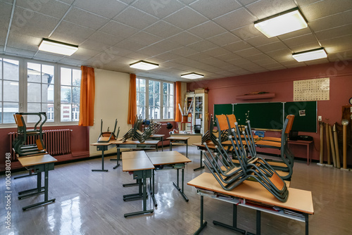 ORLEANS, FRANCE: old classroom, decoration from the 80s, with floor made of vinyl