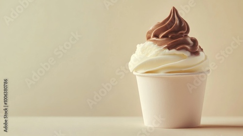 A tempting ice cream swirl served in a simple white cup, featuring rich chocolate and creamy vanilla flavors against a minimalist background.