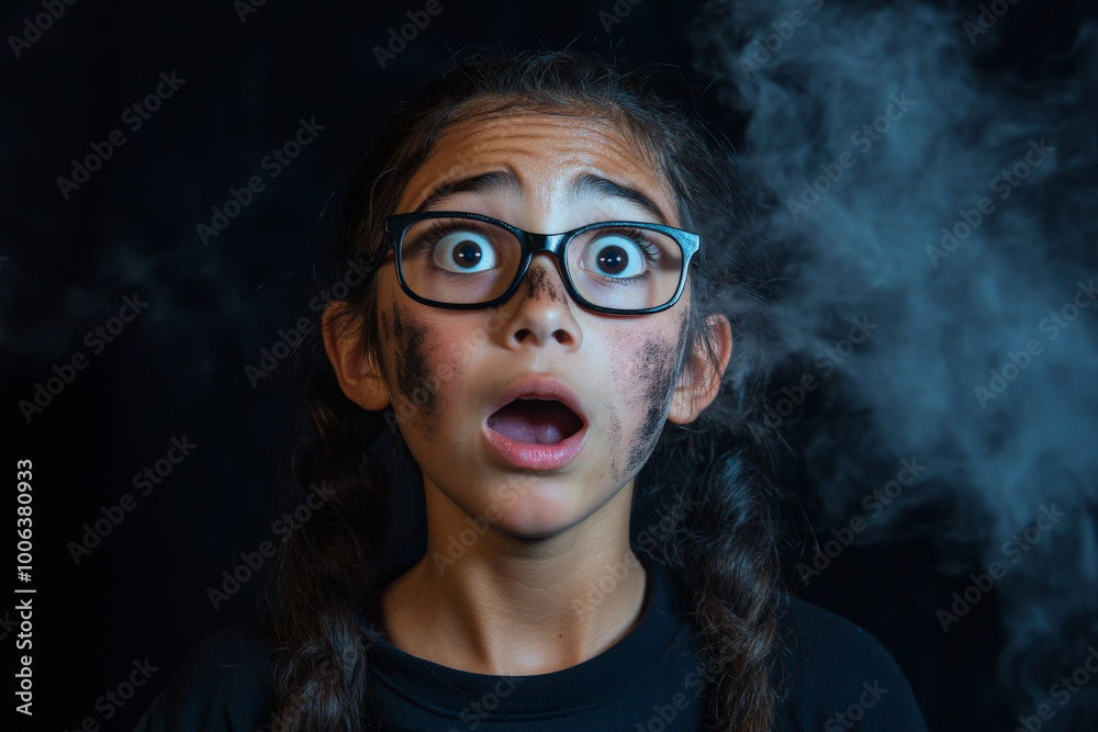 Hispanic girl with soot on her face and lab glasses on, standing against a black backdrop, her expression one of surprise and delight. Hispanic girl with soot on her face and lab glasses on, standing against a black backdrop, her expression one of surprise and delight.