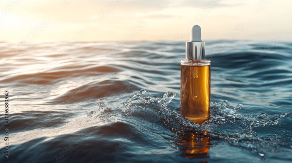 A glass dropper bottle with golden liquid floats in serene water, capturing the essence of beauty and nature.
