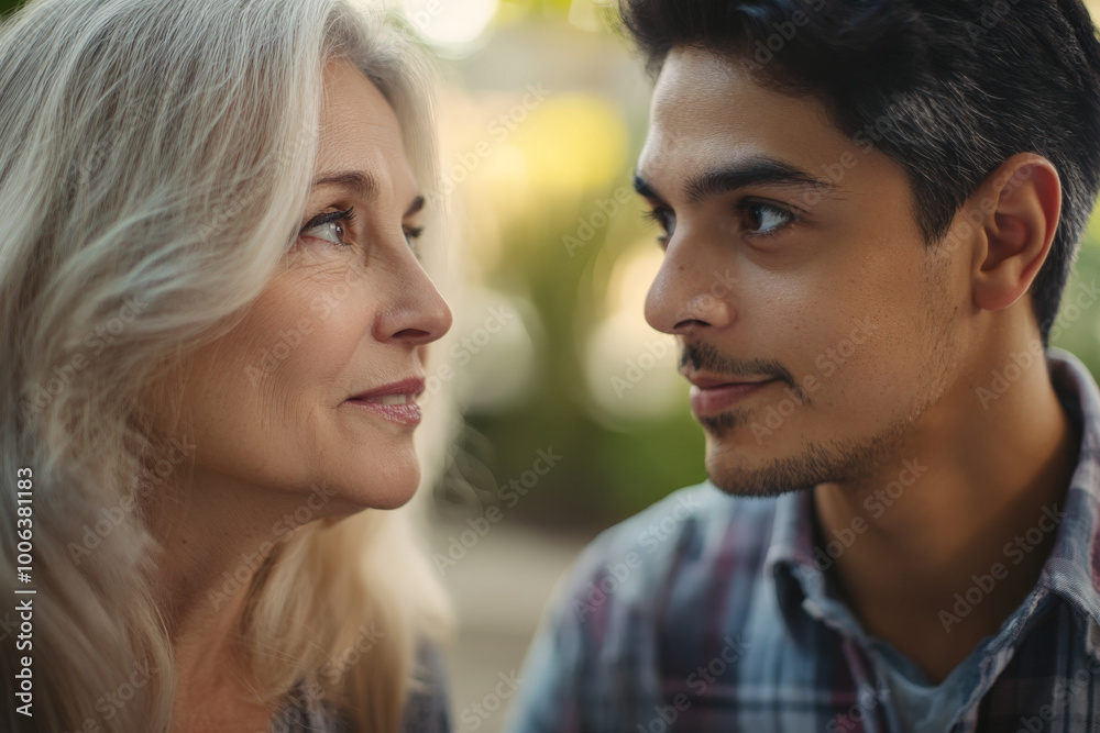A close up of a middle aged Caucasian woman and a young Hispanic man in an interview setting, showcasing their engaged expressions. The background softly blurs, enhancing the focus on their A close up of a middle aged Caucasian woman and a young Hispanic man in an interview setting, showcasing their engaged expressions. The background softly blurs, enhancing the focus on their