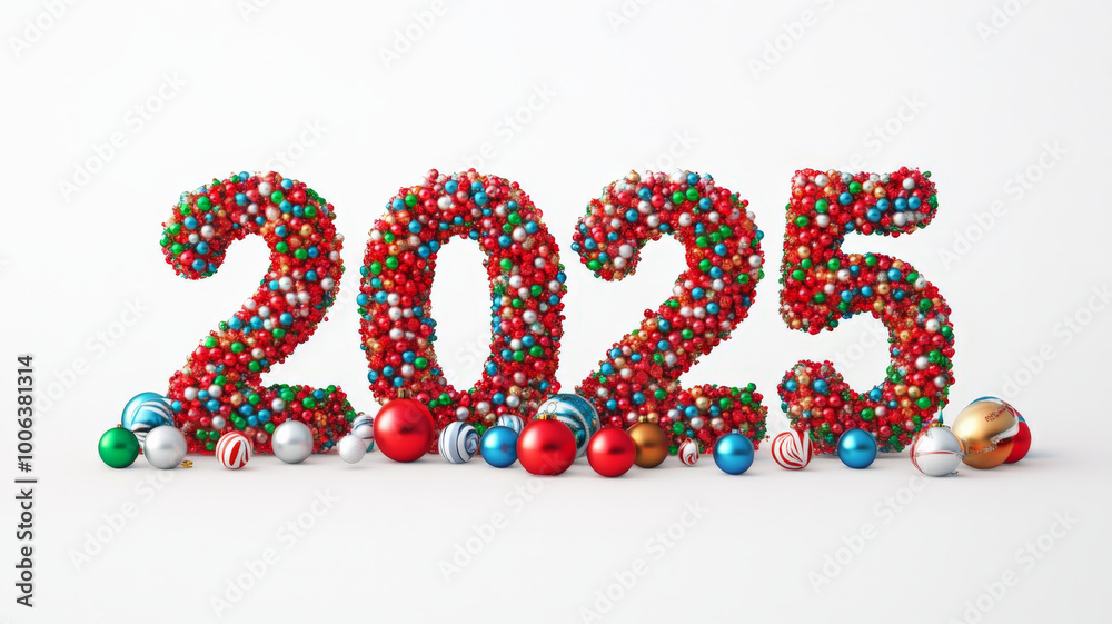 2025 shaped from festive, multicolored garlands with mini candy canes and ornaments, standing out vibrantly against a clean white background. 2025 shaped from festive, multicolored garlands with mini candy canes and ornaments, standing out vibrantly against a clean white background.