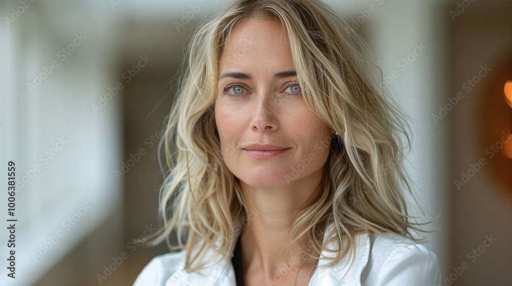 Confident woman with blonde hair and blue eyes indoors Confident woman with blonde hair and blue eyes indoors