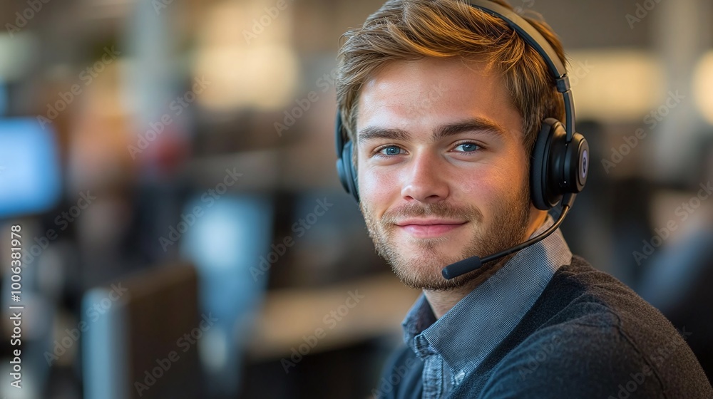 portrait of a smiling male call center operator, offering customer service and support through a headset, working in a modern office with professional communication and client interaction portrait of a smiling male call center operator, offering customer service and support through a headset, working in a modern office with professional communication and client interaction