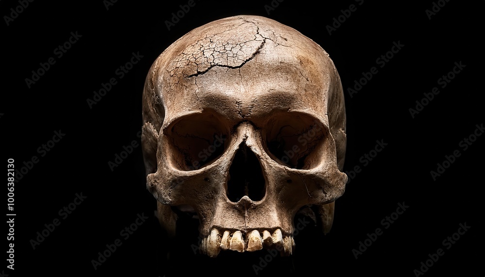 Cracked Human Skull in Dramatic Lighting. Symbolic Representation of Mortality and Fragility on a Dark Background. Theme Design Halloween Cracked Human Skull in Dramatic Lighting. Symbolic Representation of Mortality and Fragility on a Dark Background. Theme Design Halloween