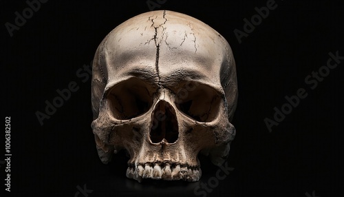 Cracked Human Skull in Dramatic Lighting. Symbolic Representation of Mortality and Fragility on a Dark Background. Theme Design Halloween