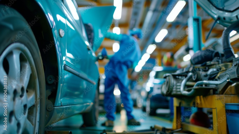 Fototapeta premium Mechanic inspecting engine with tools scattered around, symbolizing vehicle malfunction and repair process.