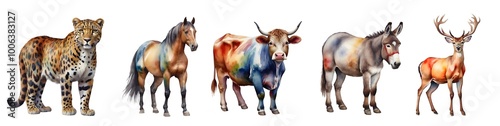 Set of various watercolour colourful wild and domestic animals isolated on transparent background. Generative AI