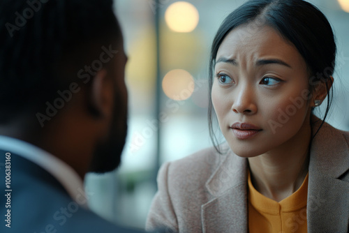 A close up scene of an Asian woman and a Black man engaged in an interview, their expressions reflecting deep thought. The blurred background adds an air of professionalism to their conversation. photo