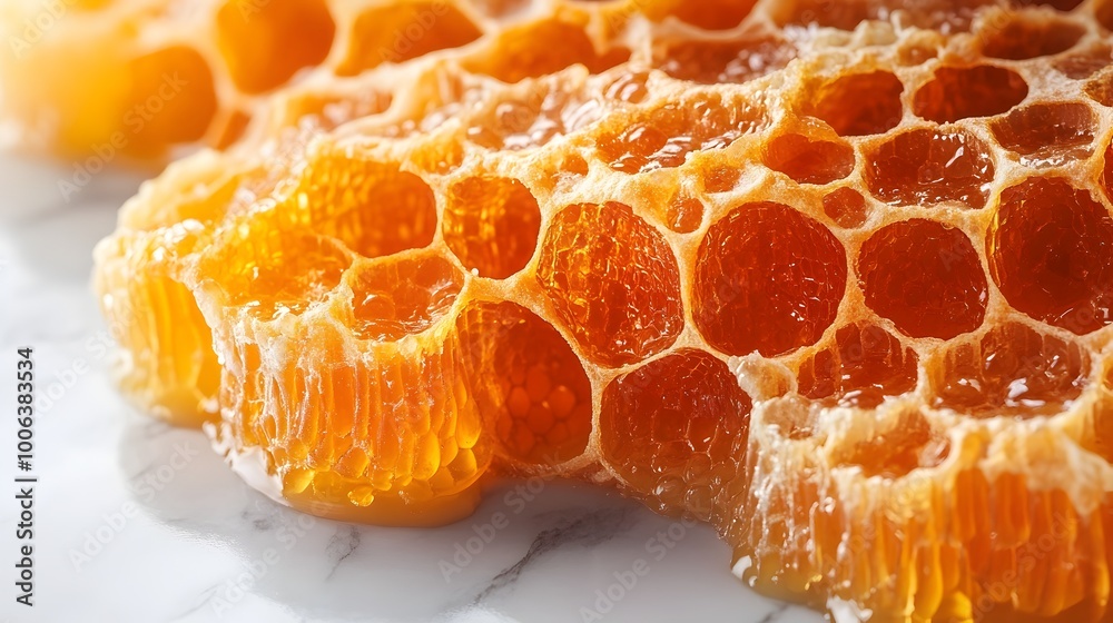 Closeup view of a natural honeycomb structure with golden honey dripping from the hexagonal wax cells. Detailed texture of the intricate beehive pattern in vibrant yellow and orange tones. Closeup view of a natural honeycomb structure with golden honey dripping from the hexagonal wax cells. Detailed texture of the intricate beehive pattern in vibrant yellow and orange tones.