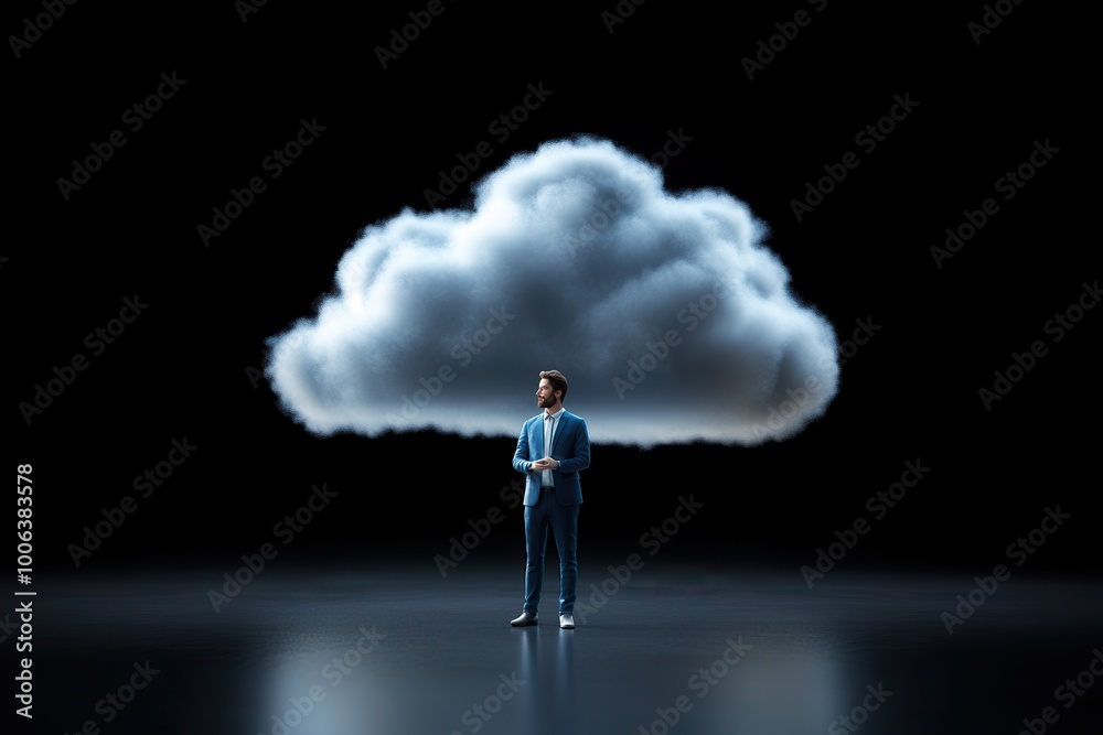 Businessman in front of a cloud symbolizing thoughts Businessman in front of a cloud symbolizing thoughts