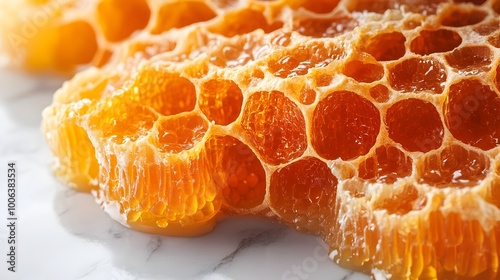 Closeup view of a natural honeycomb structure with golden honey dripping from the hexagonal wax cells. Detailed texture of the intricate beehive pattern in vibrant yellow and orange tones. photo