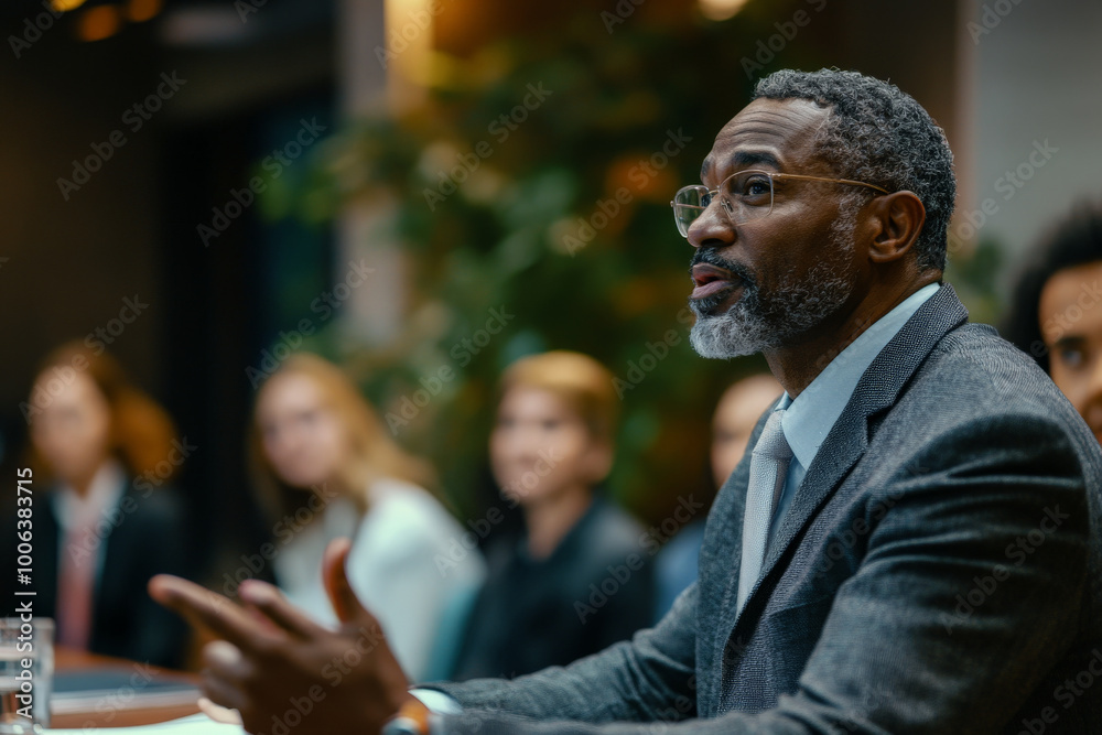 A middle aged Black executive presents risk management strategies to a group of diverse executives, including young adults and seniors. The atmosphere is engaging, with technology enhancing the A middle aged Black executive presents risk management strategies to a group of diverse executives, including young adults and seniors. The atmosphere is engaging, with technology enhancing the