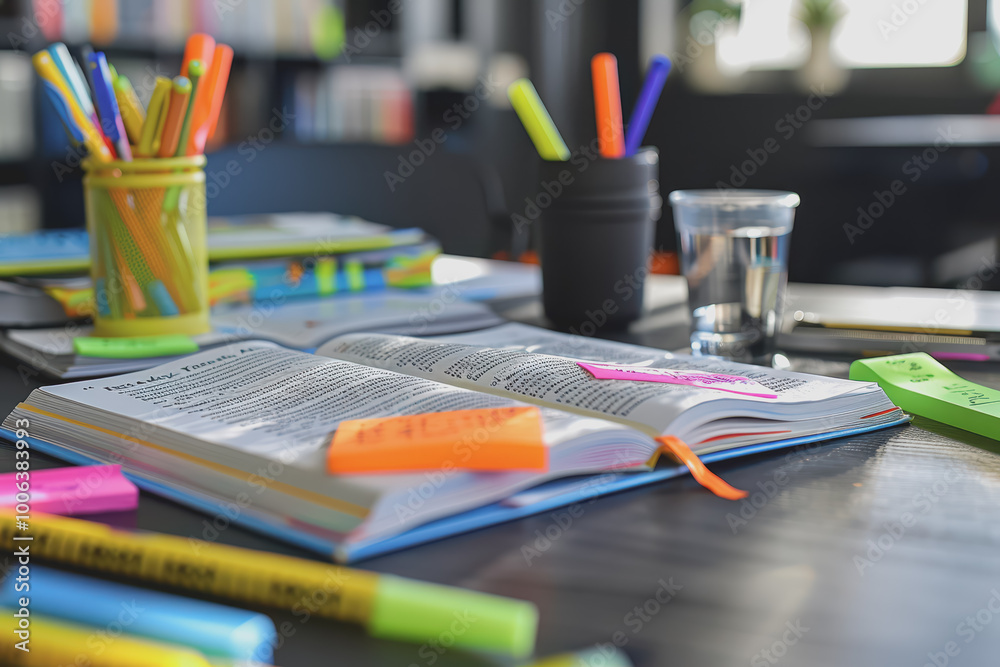 Student reading area with open textbooks and highlighters and a notepad with copy space. Student reading area with open textbooks and highlighters and a notepad with copy space.