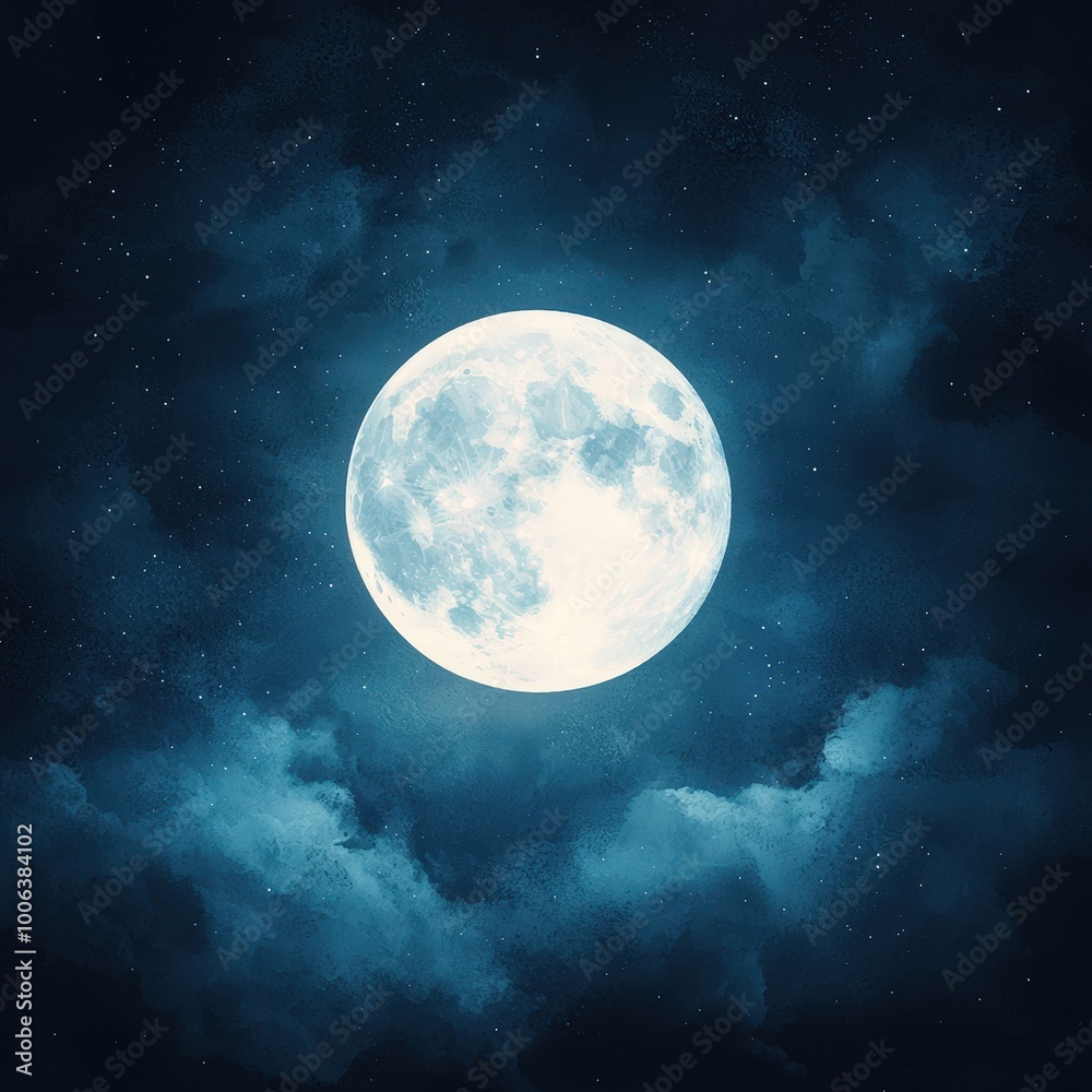 Fototapeta premium A captivating and serene night sky featuring a bright full moon surrounded by soft, wispy clouds. Ideal for conveying tranquility and beauty.